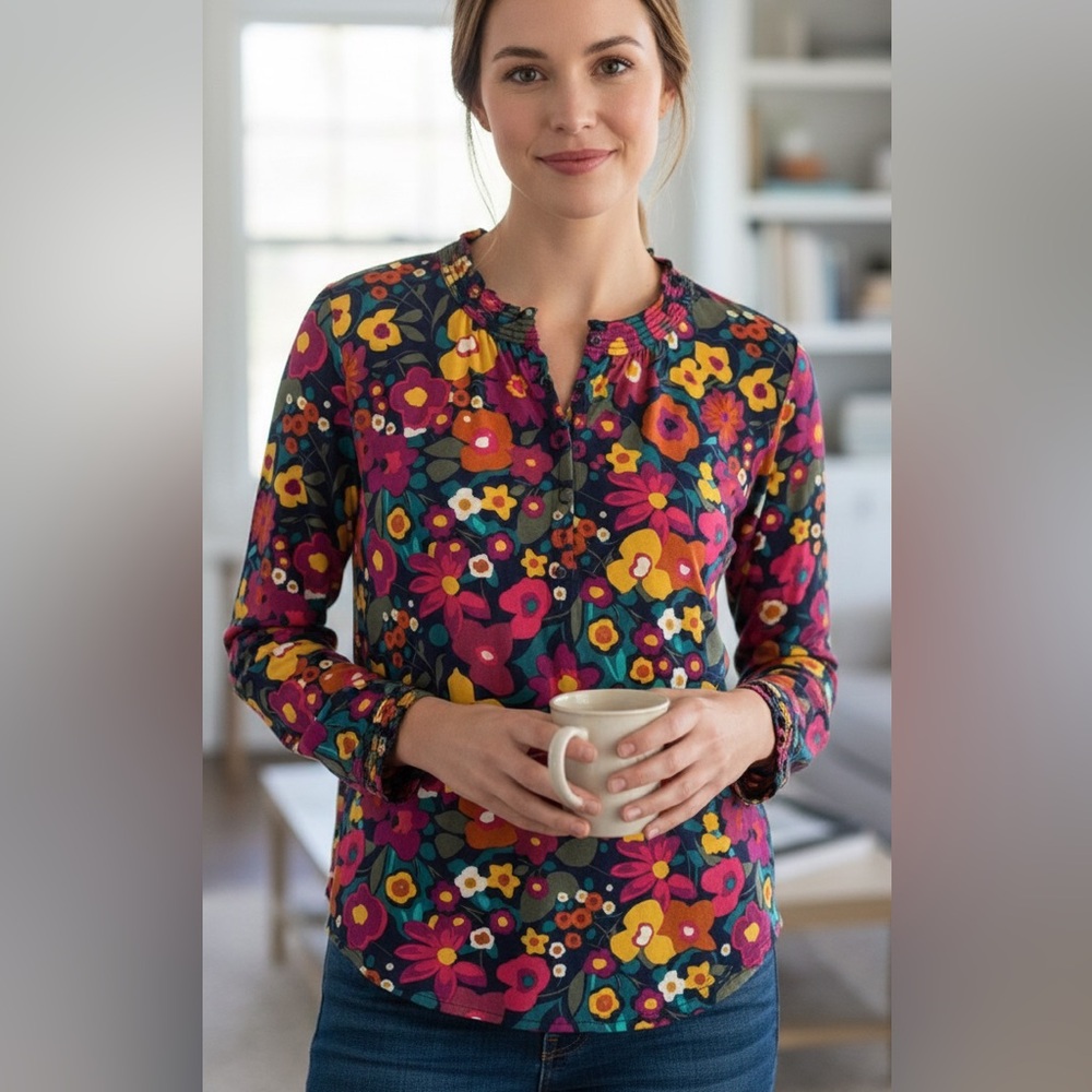 Talbots Multicolor Floral Long Sleeve Flowy Blouse XS‎ BLUE PINK YELLOW GREEN